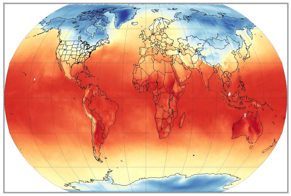 Mapa mundial con colores que muestran un planeta más cálido, con altas temperaturas en la franja tropical y templada durante la década posterior al Acuerdo de París.