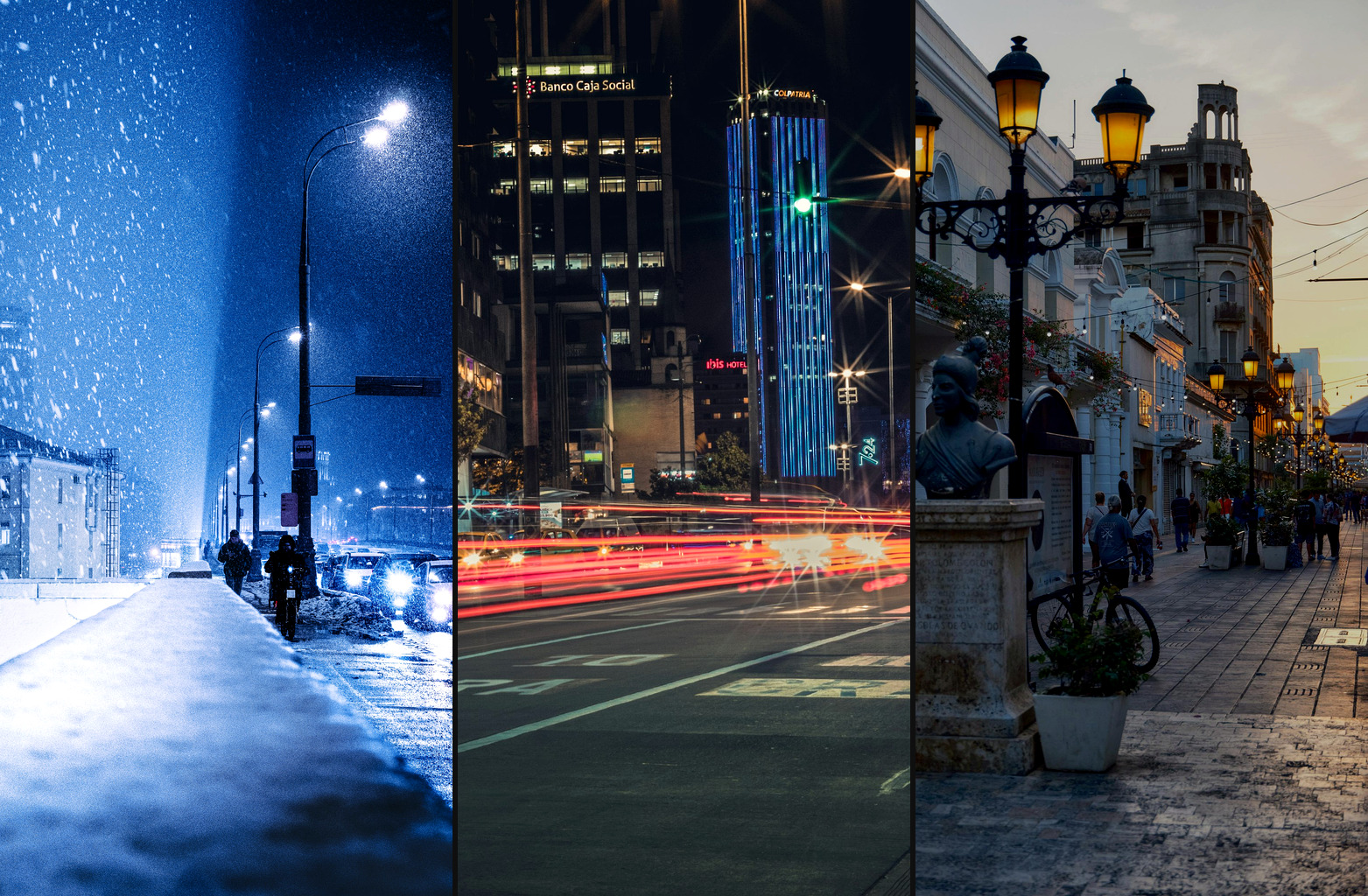 Collage nocturno: nevada en Moscú, luces del centro de Bogotá y calle viva en Santo Domingo.