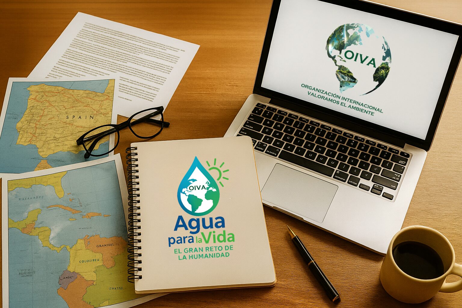Mesa de trabajo con portátil mostrando el logo de OIVA, cuaderno con el logo de Agua para la Vida, mapas de España y América Latina y una taza de café, simbolizando la planificación del programa Agua para la Vida.